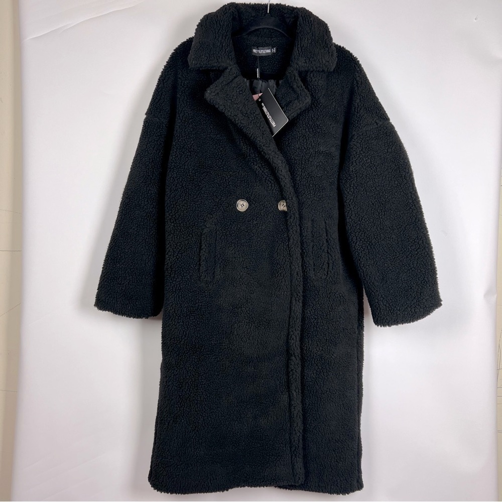 NWT-PrettyLittleThing, Women’s black borg lapel drop arm midi coat. Size: 4 (US)